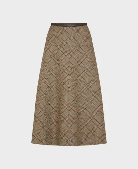 Leather Waistband Wool Tweed Midi Skirt