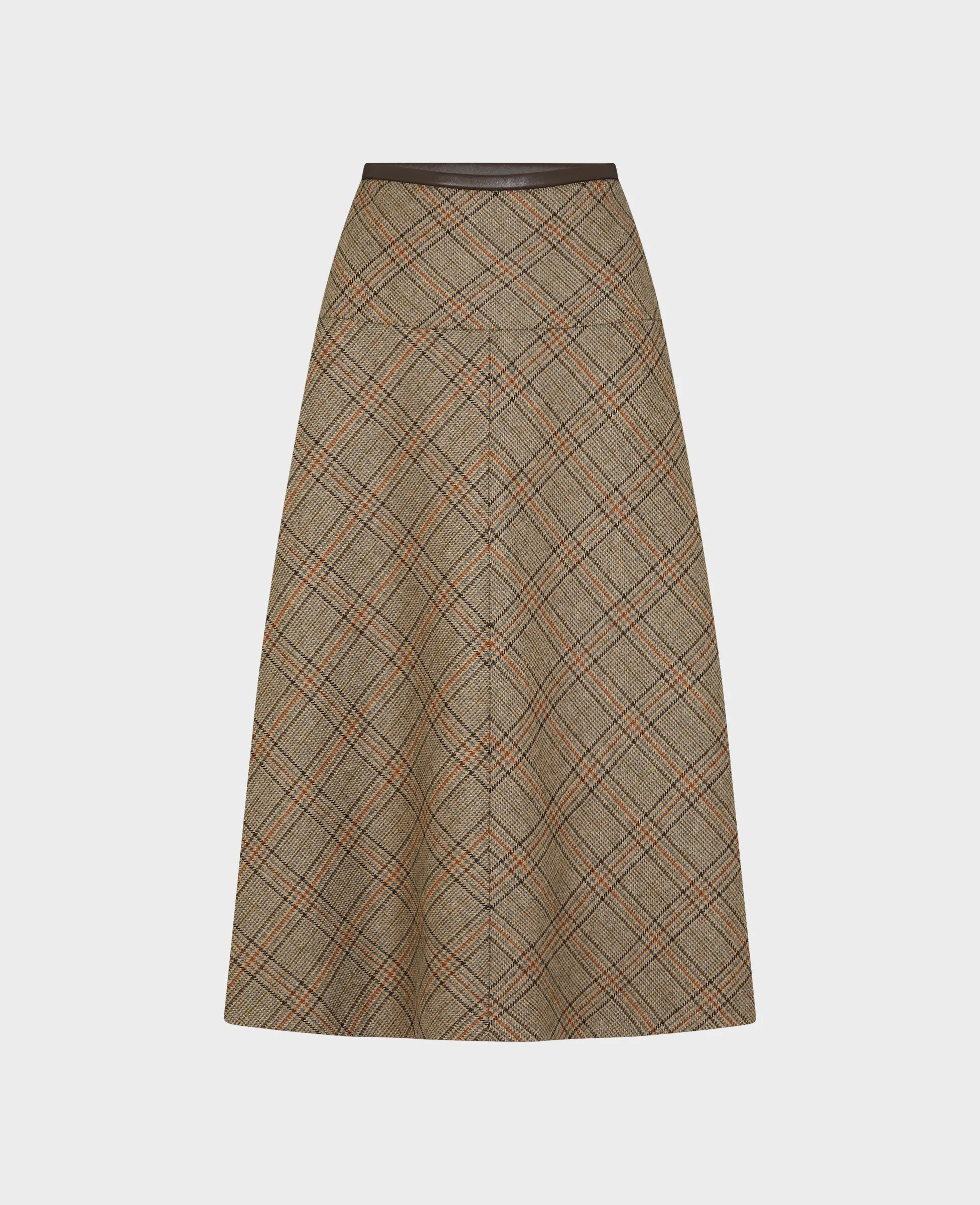 Leather Waistband Wool Tweed Midi Skirt