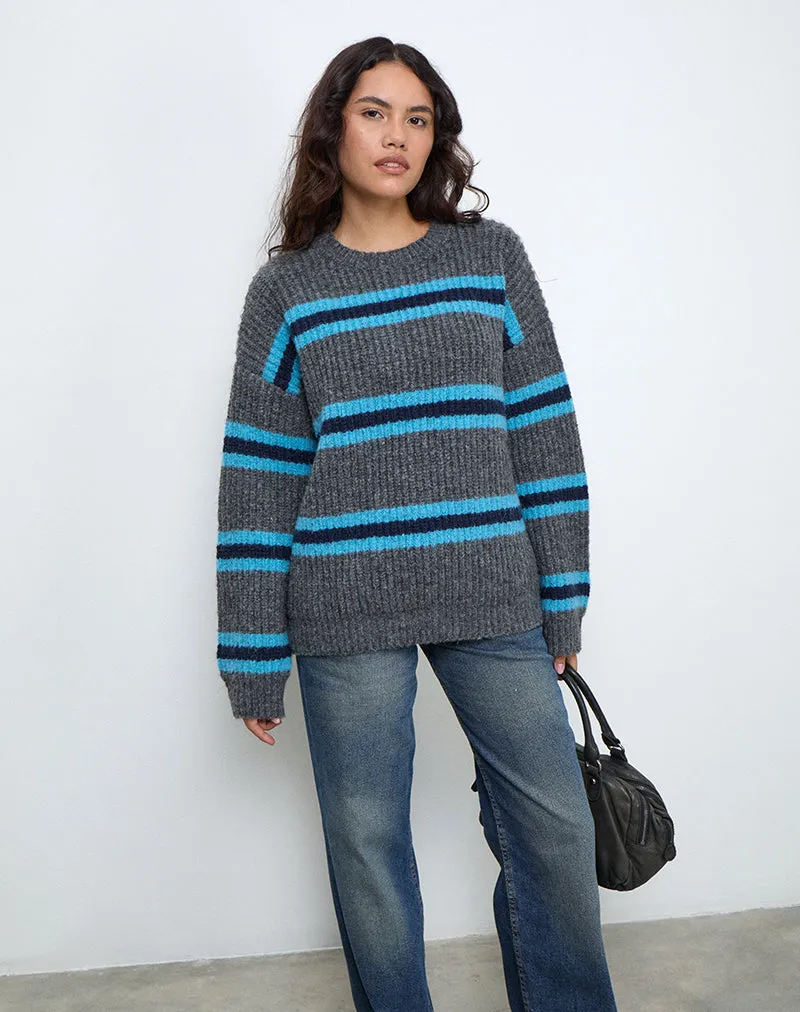 Lunet Knitted Jumper in Stripe Grey and Blue