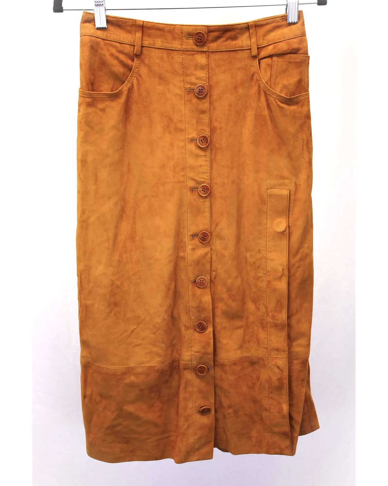 Luxury Brown Suede Midi Skirt with Front Button Closure and Side Slit