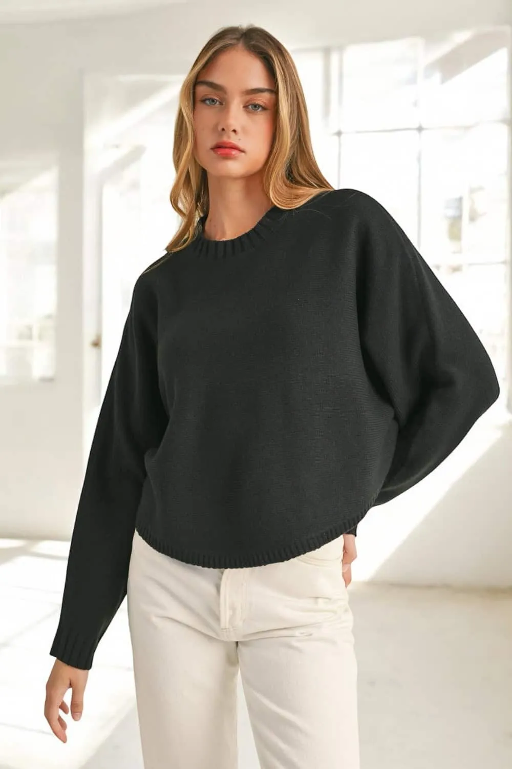 Mable Round Neck Dolman Sleeve Cropped Sweater