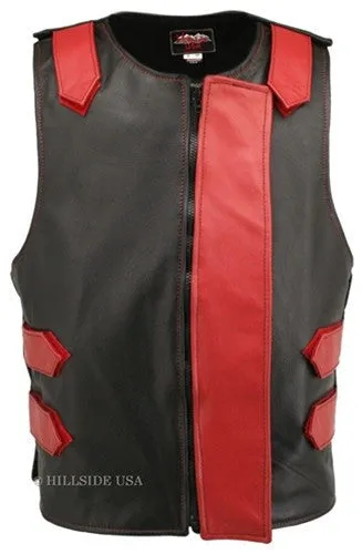 Made in USA Bulletproof Style Leather Motorcycle Vest Black/Red