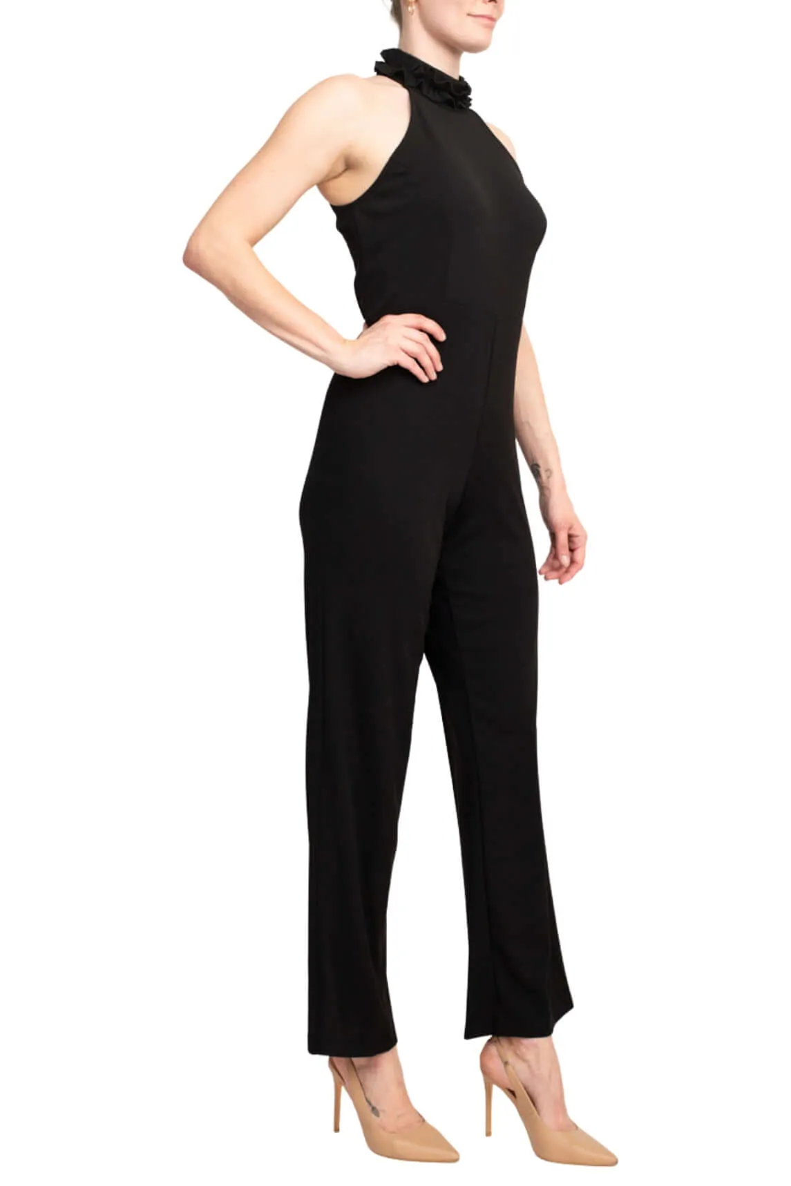 Marina Ruffled Halter Neck Keyhole Back Solid Jumpsuit