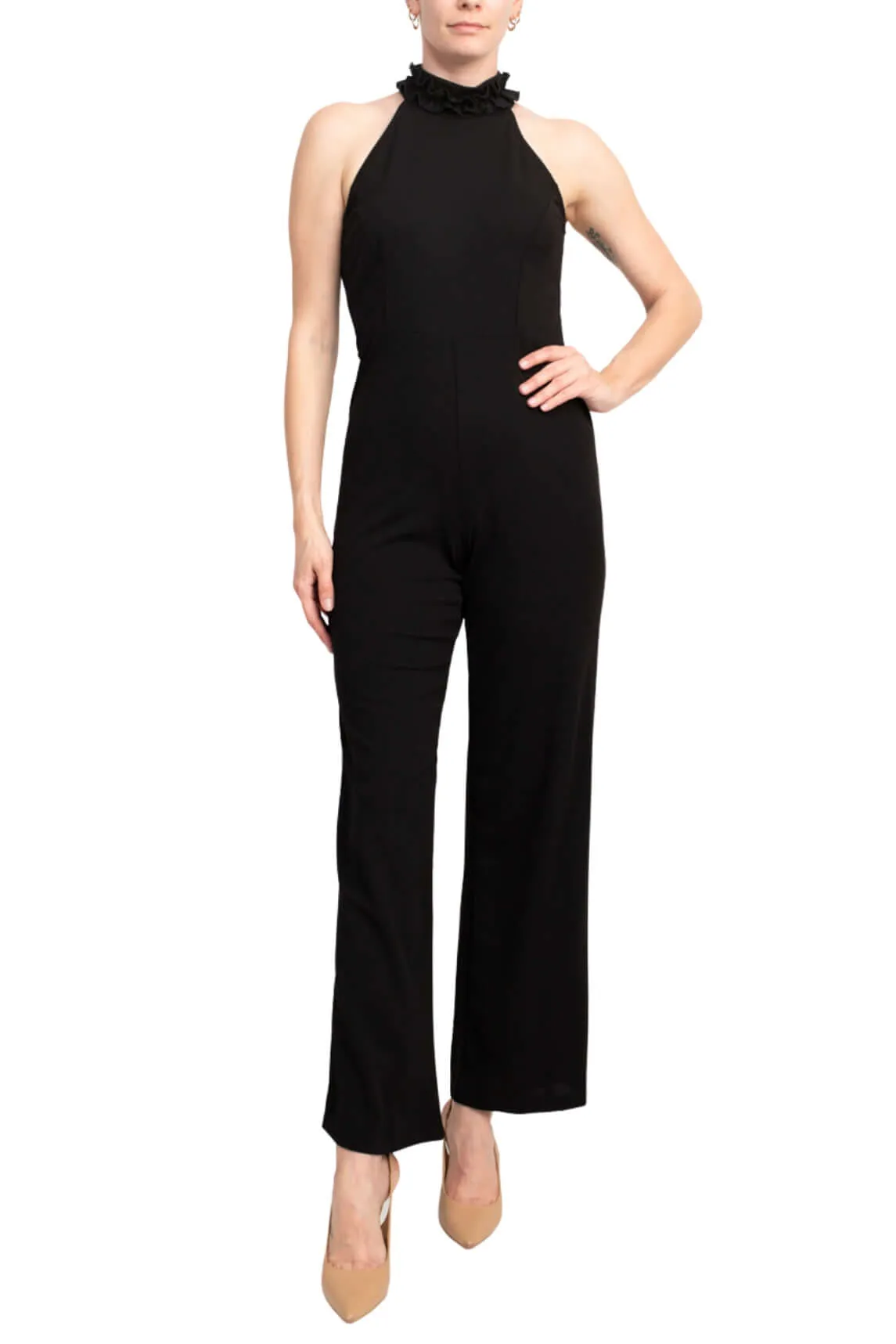 Marina Ruffled Halter Neck Keyhole Back Solid Jumpsuit