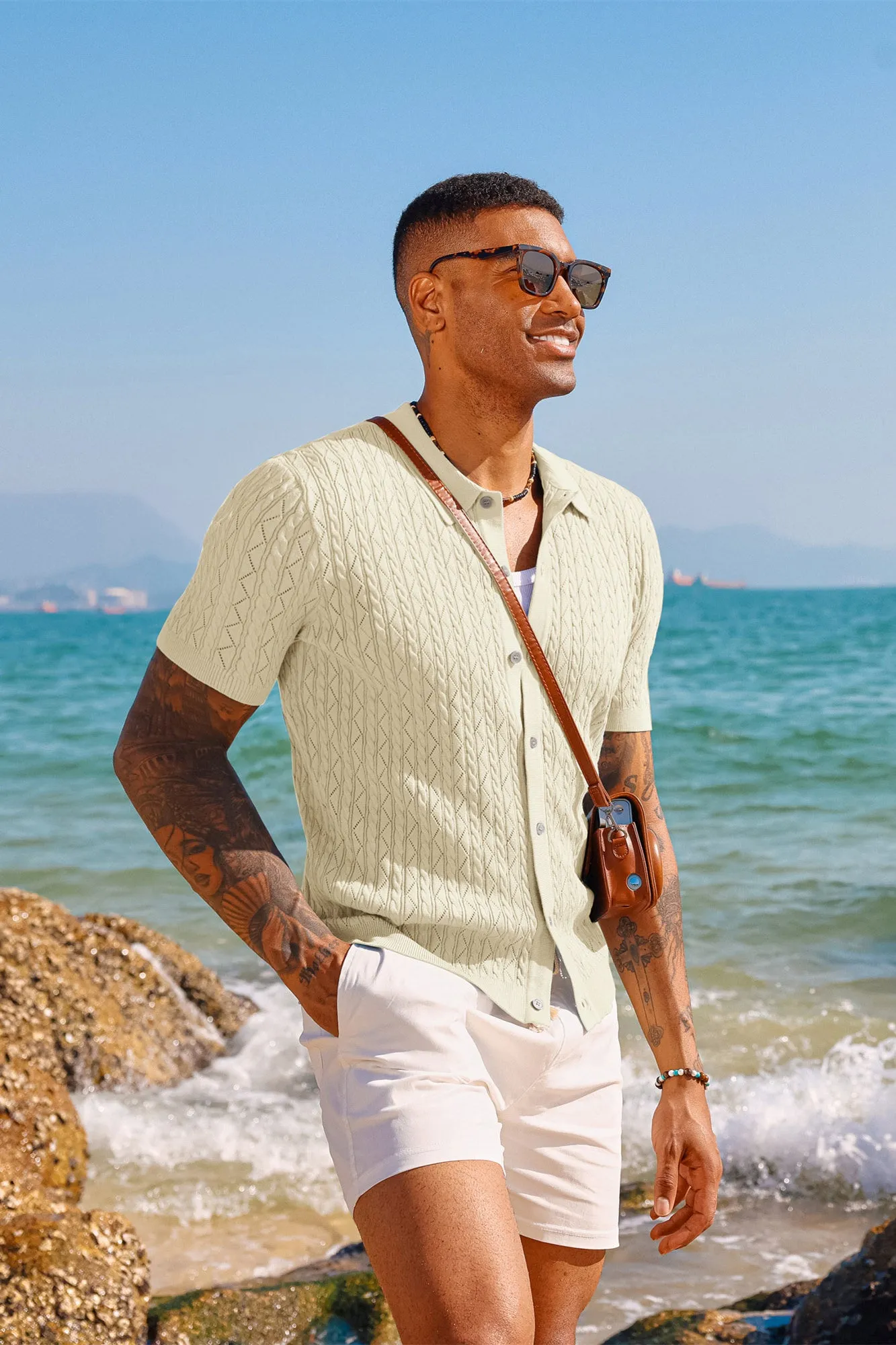 Men's Polo Short Cardigan Shirt Hollowed-Out Textured Casual Knitted Golf Shirt