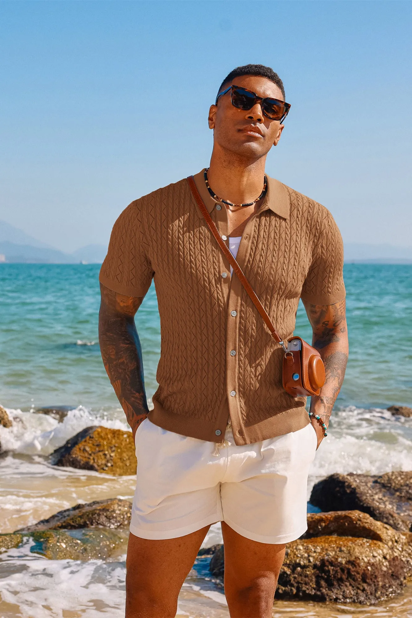 Men's Polo Short Cardigan Shirt Hollowed-Out Textured Casual Knitted Golf Shirt