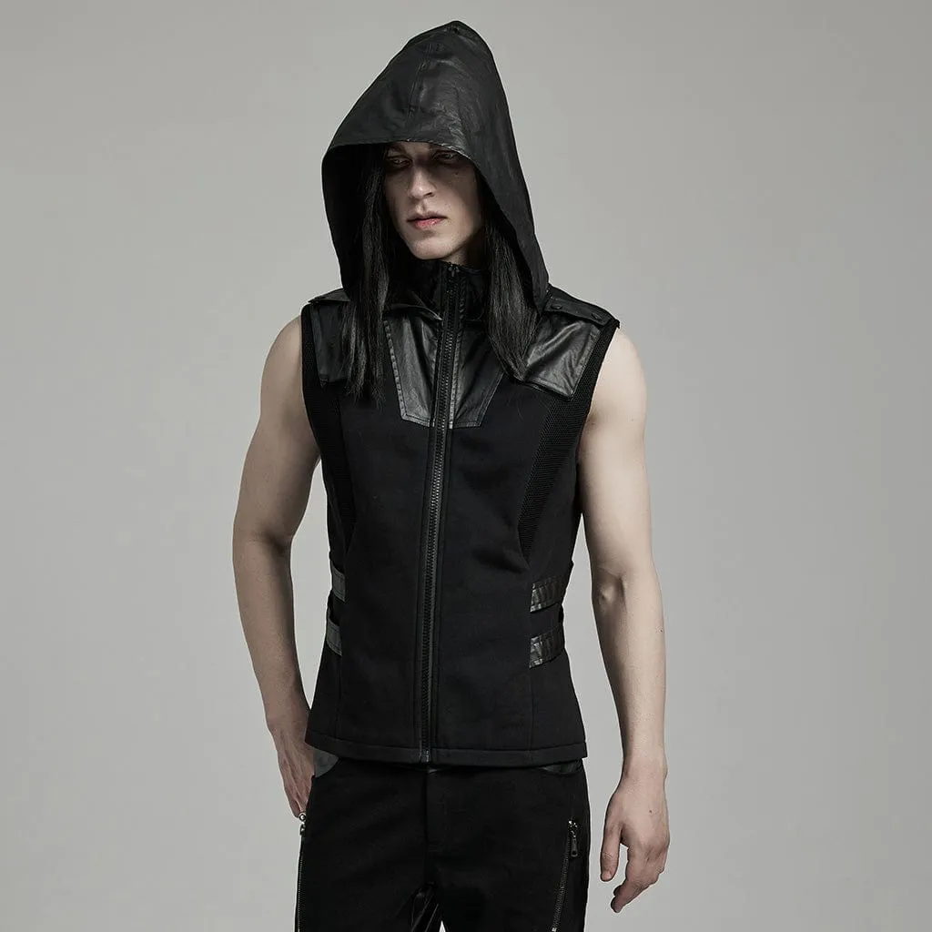 Men's Punk Mesh Splice Faux Leather Vest with Hood