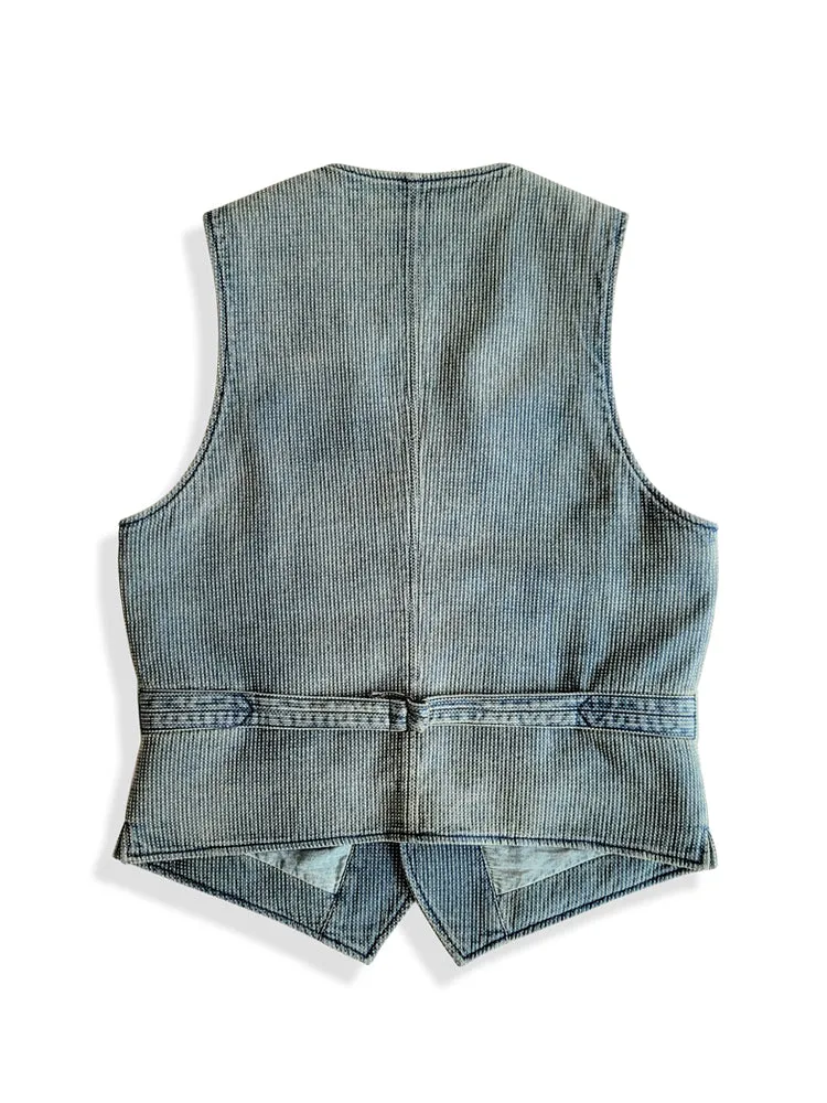 Men's Washed Blue Sashiko V-neck Vest