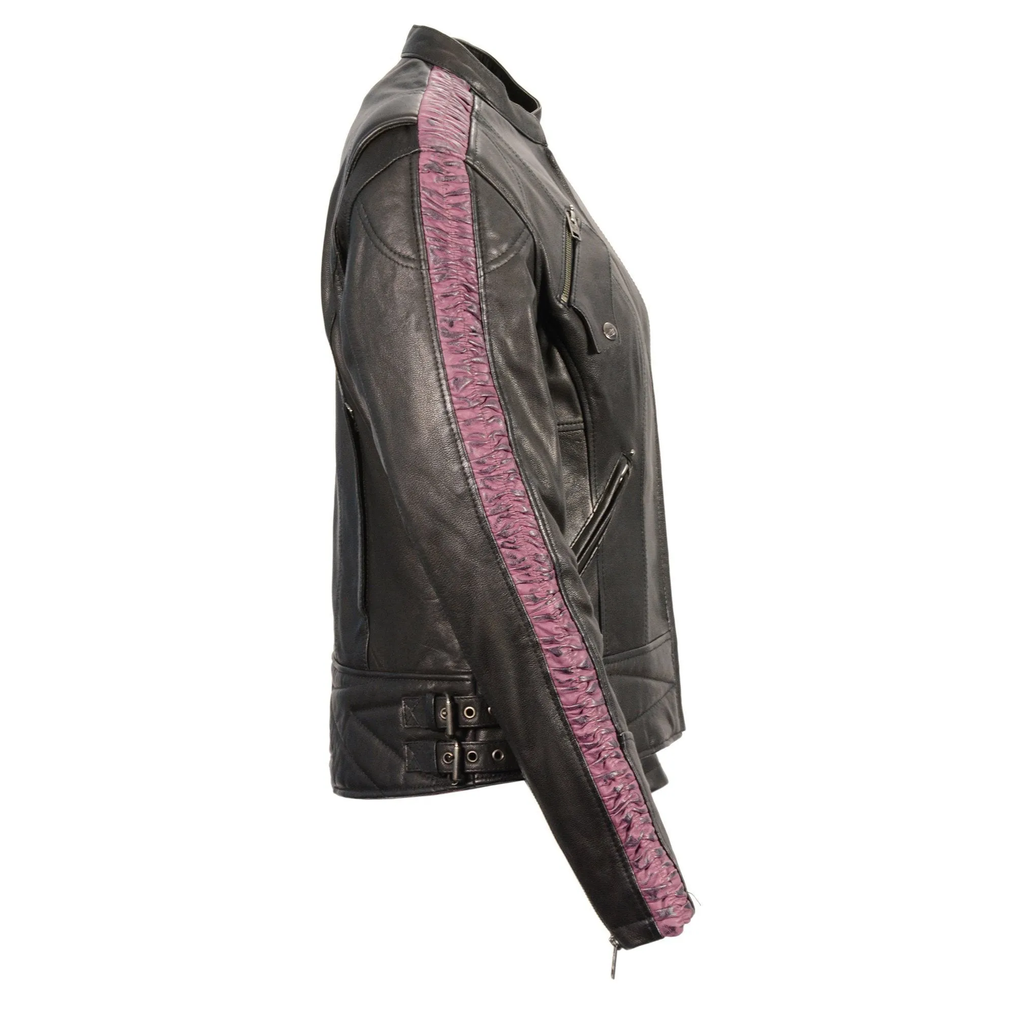 Milwaukee Leather MLL2571 Ladies Black and Purple 'Crinkled Arm' Lightweight Racer Jacket