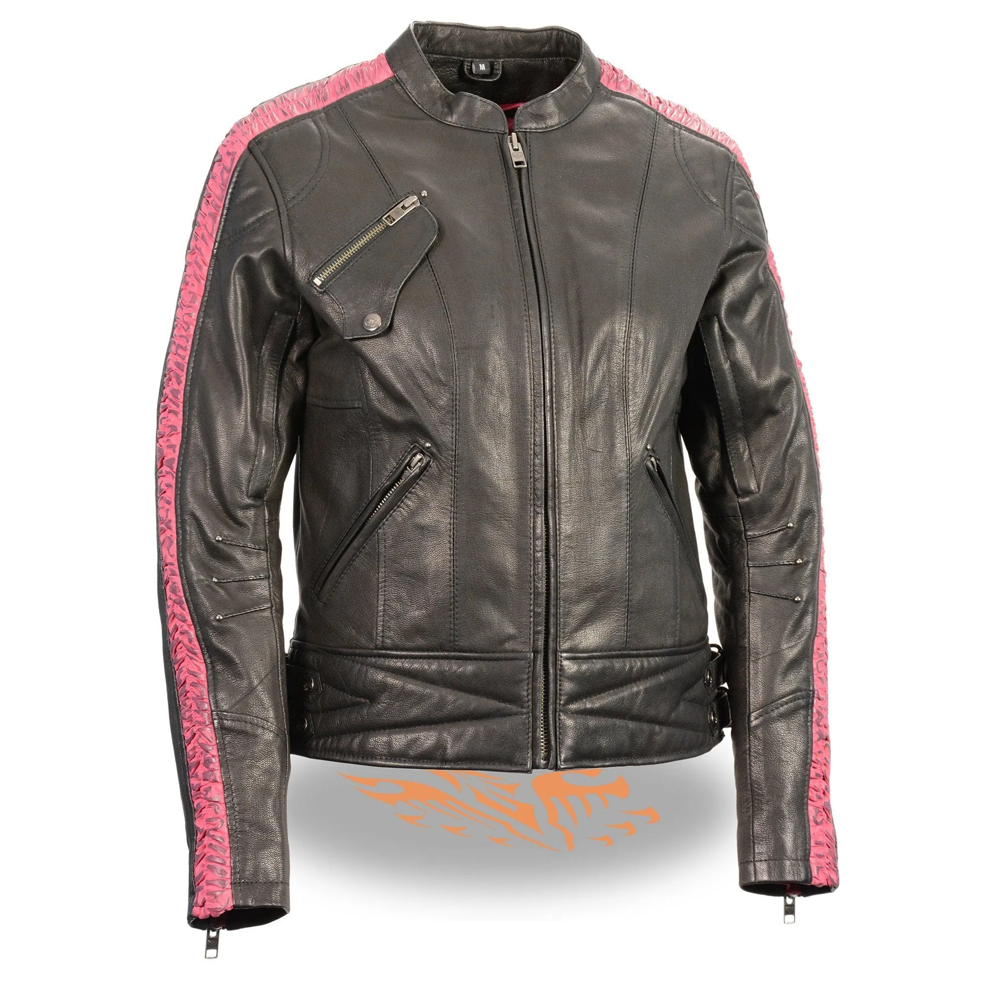 Milwaukee Leather MLL2571 Womens Black and Pink 'Crinkled Arm' Lightweight Racer Jacket