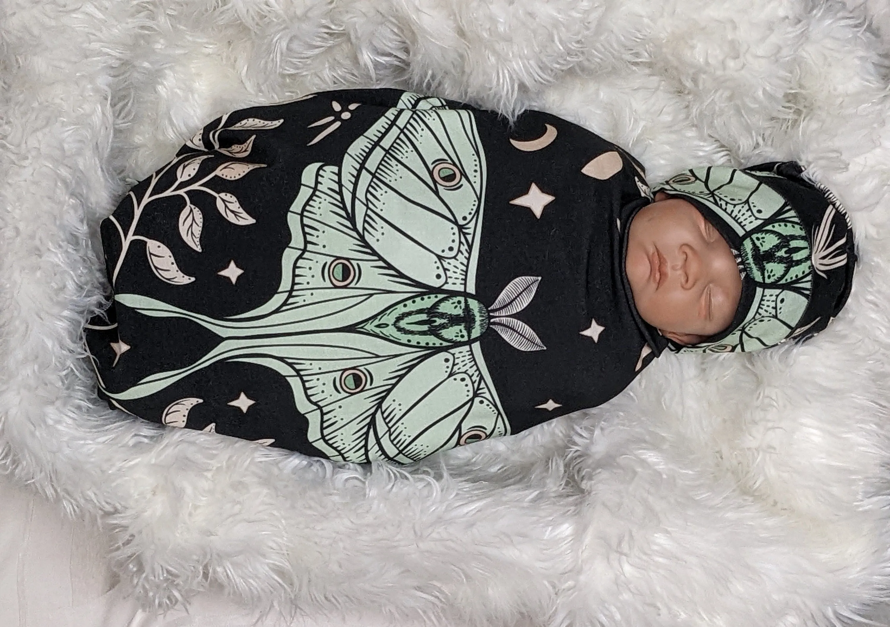 Moon Moth Swaddle Blanket Set   Bow Band or Hat,Mystical Witchy Baby Stuff,Gothic Newborn Clothing for Celestial Moon Baby Hospital Outfit