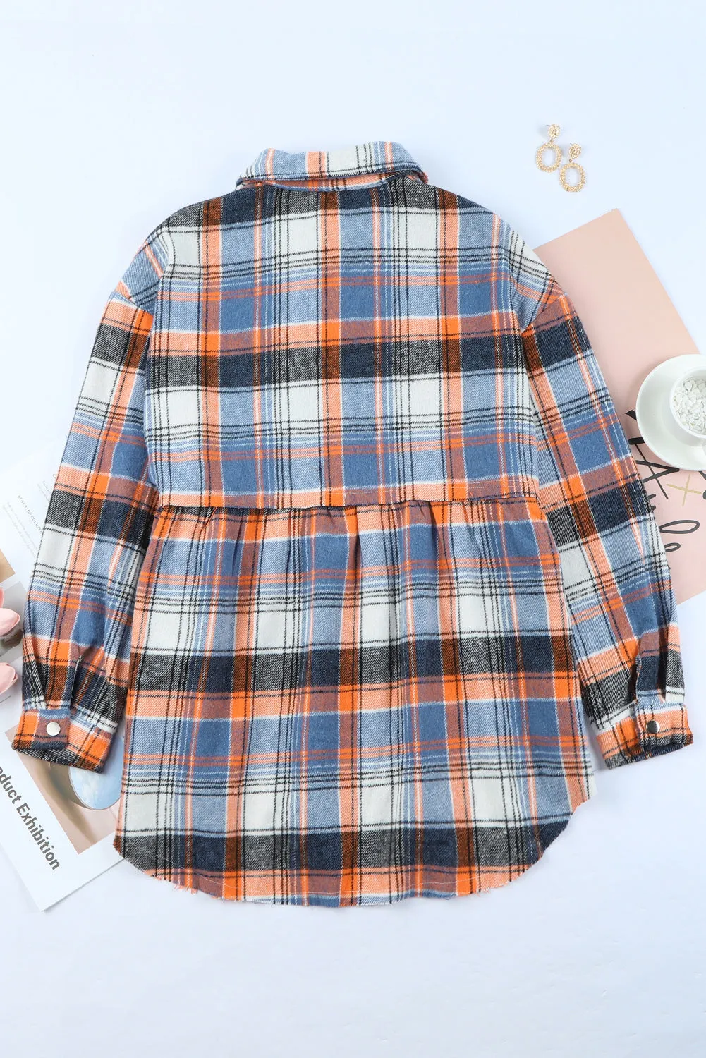 Multicolor Plaid Snap Button Casual Raw Hem Shirt Shacket