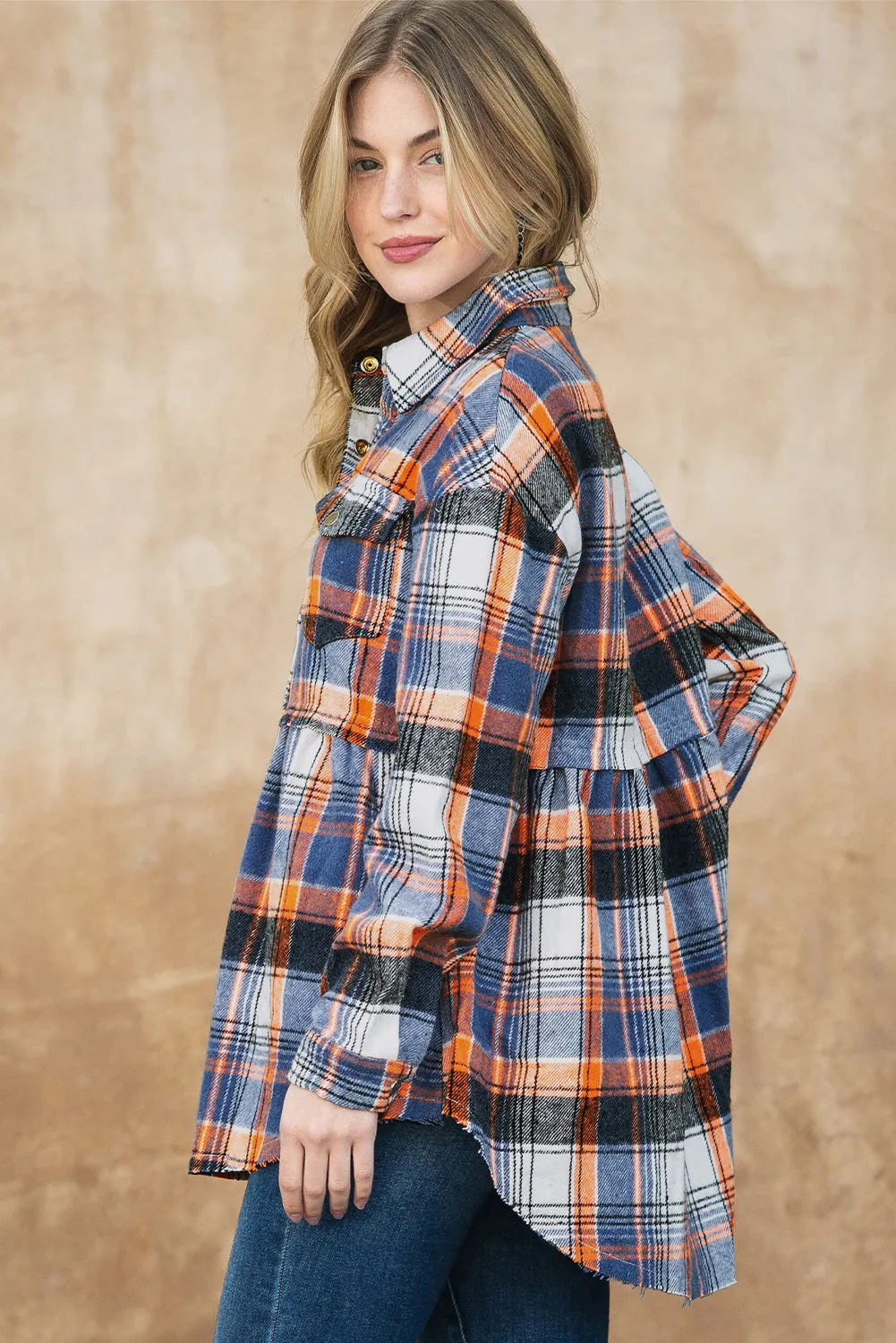 Multicolor Plaid Snap Button Casual Raw Hem Shirt Shacket