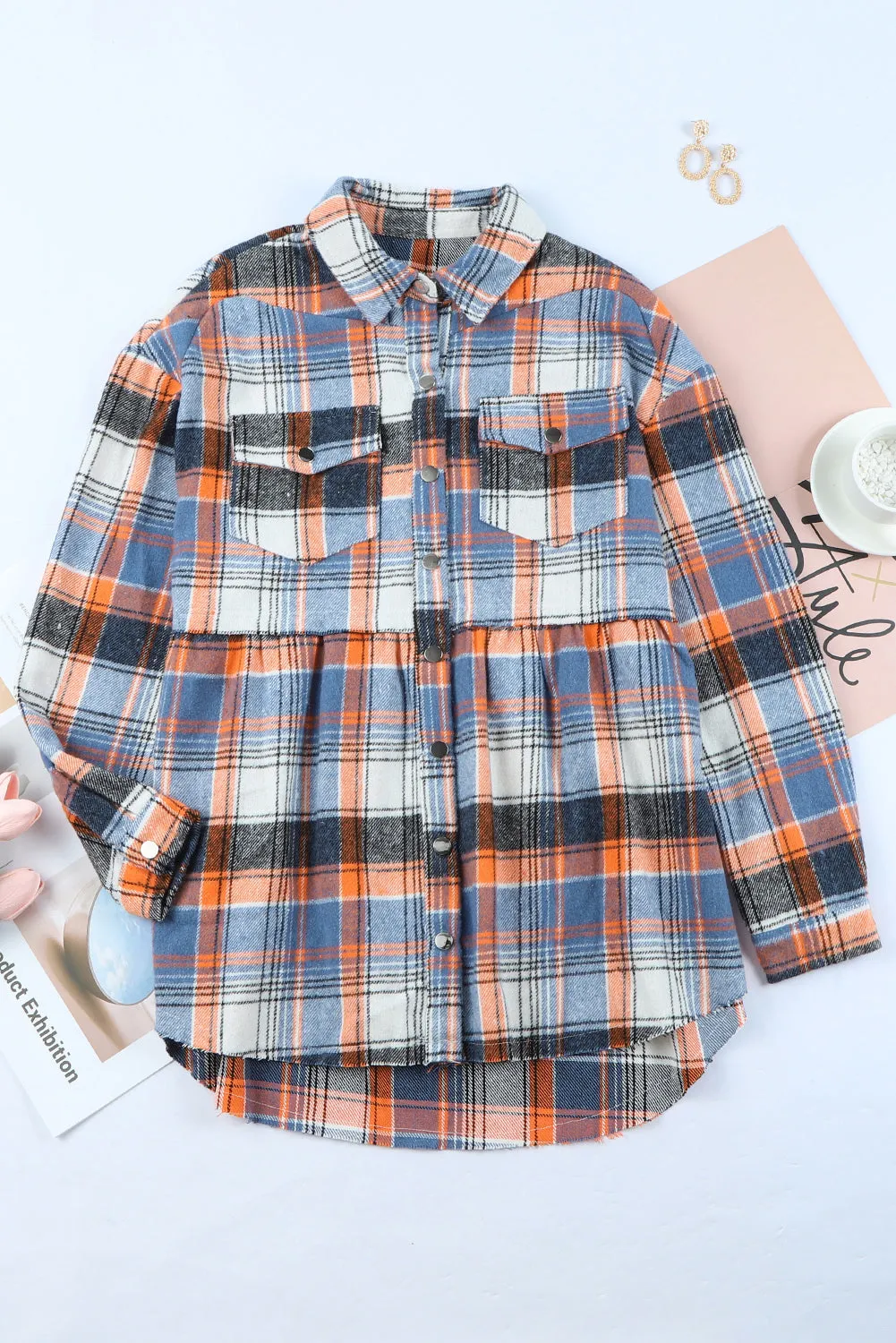 Multicolor Plaid Snap Button Casual Raw Hem Shirt Shacket