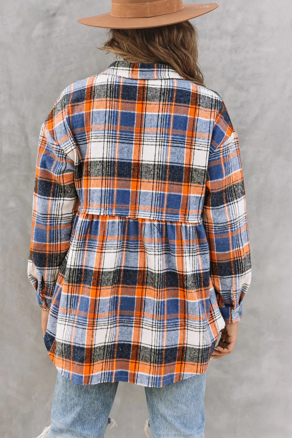 Multicolor Plaid Snap Button Casual Raw Hem Shirt Shacket