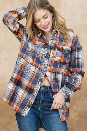 Multicolor Plaid Snap Button Casual Raw Hem Shirt Shacket