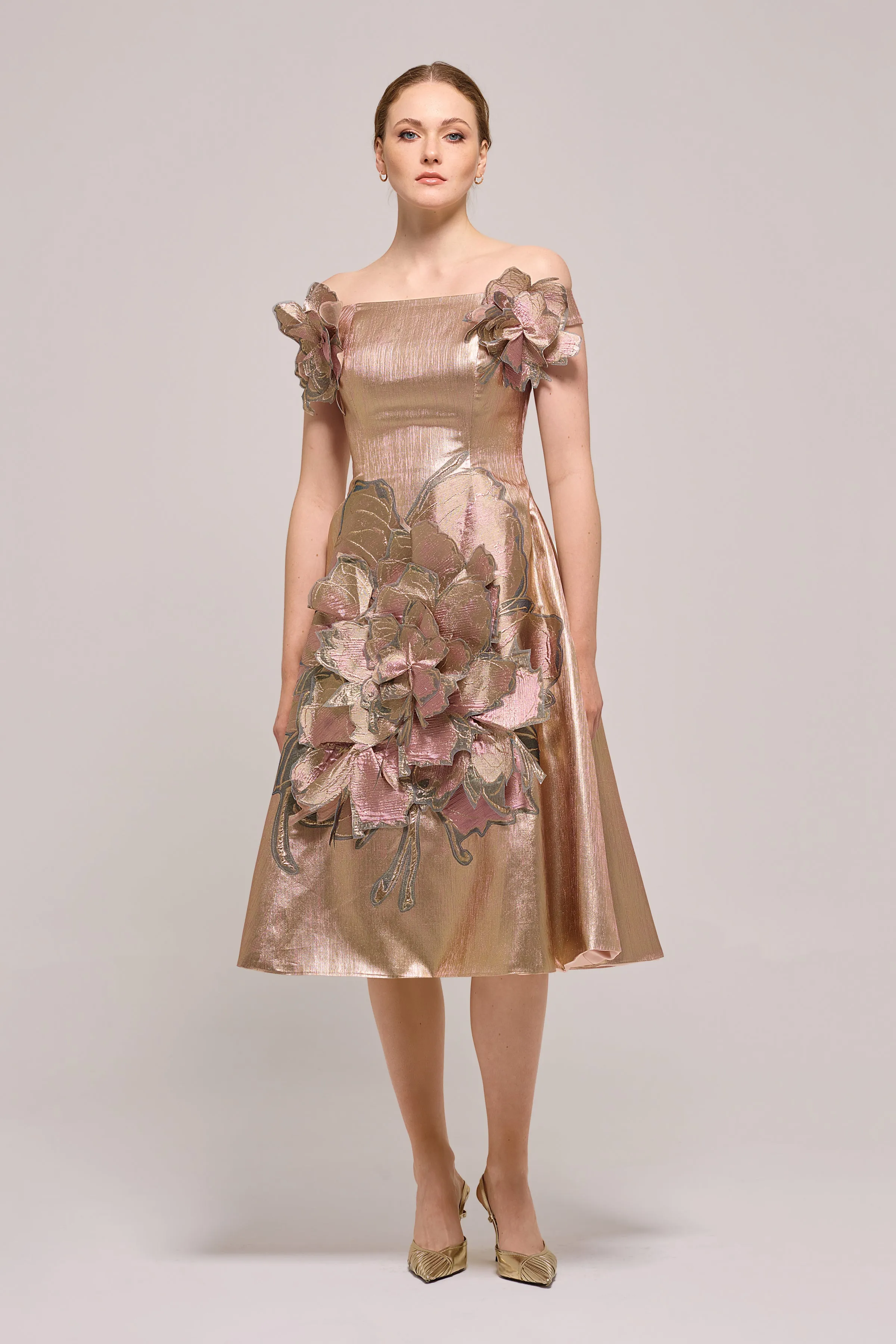 Off The Shoulder Floral Appliqués Detail Pink Gold Metallic Jacquard Dress