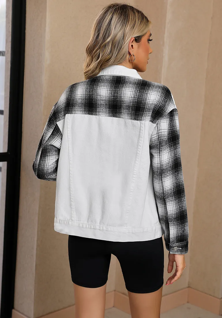 Off White   Black Plaid Women's Denim Oversized Plaid Shacket Jacket Vintage Shirt Jackets