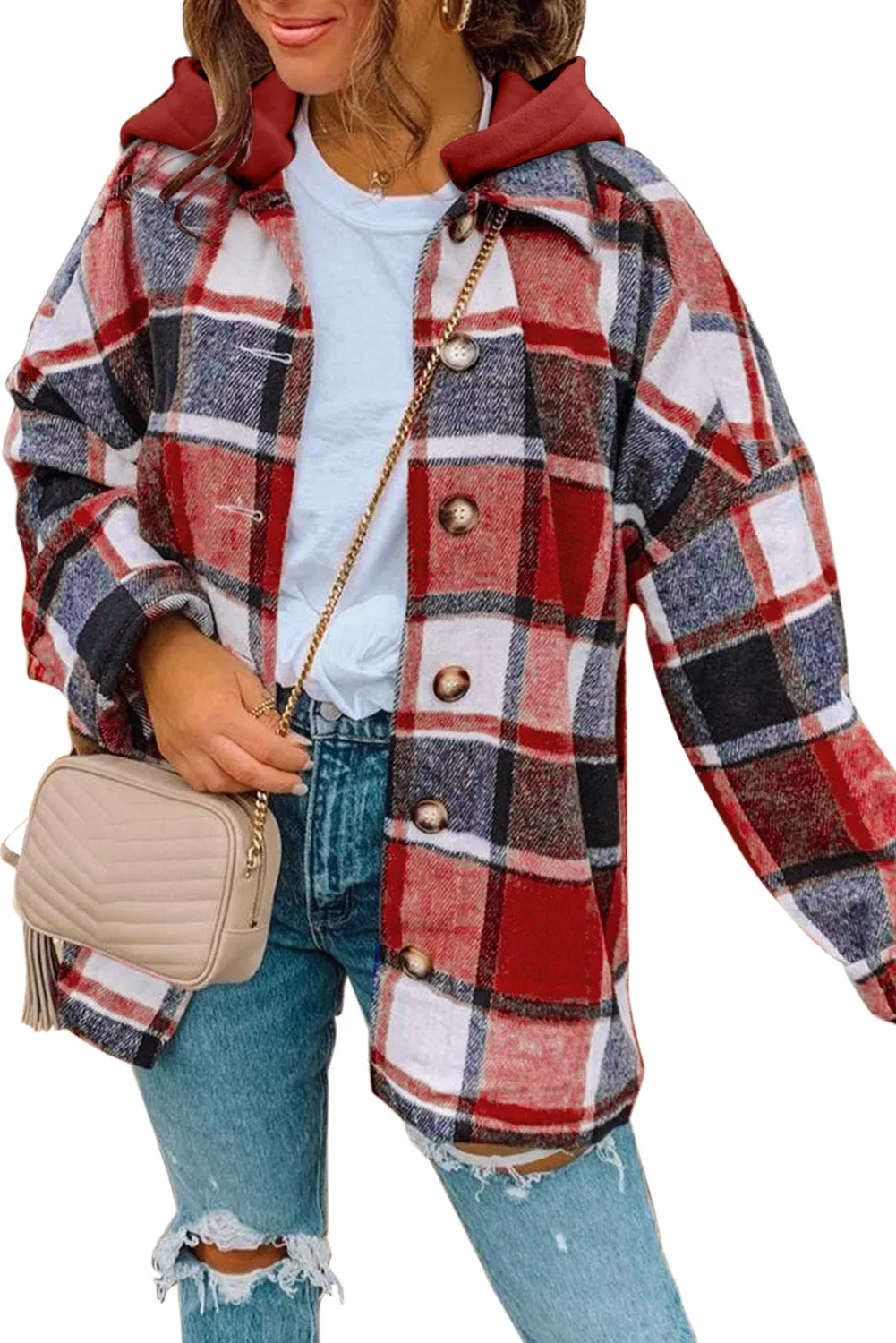 Orange Plaid Button Front Hooded Shacket