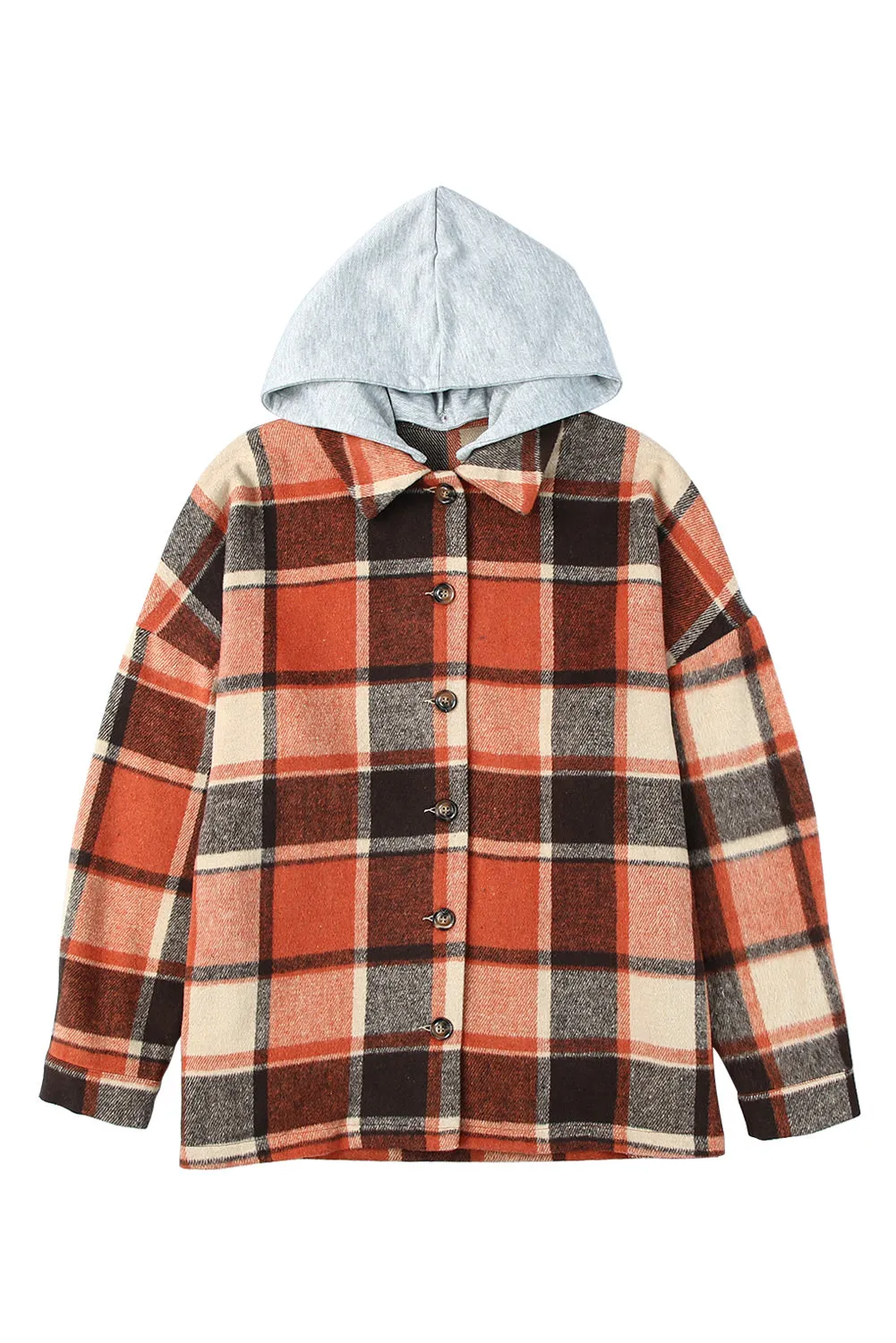 Orange Plaid Button Front Hooded Shacket