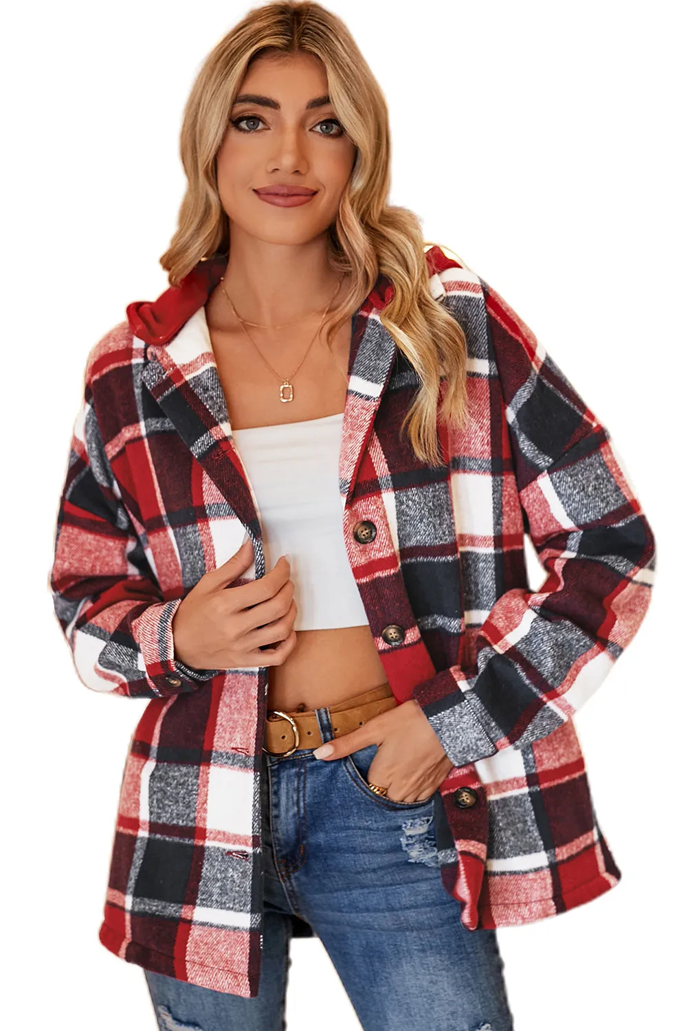 Orange Plaid Button Front Hooded Shacket