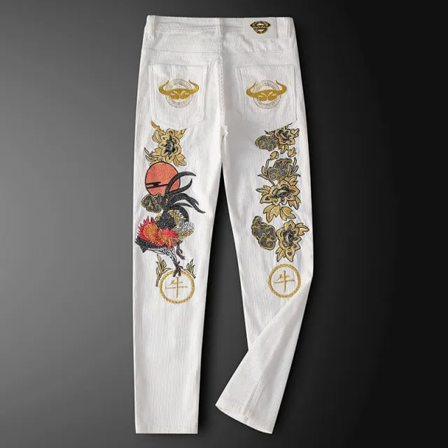 Oriental Style Rooster Embroidery Decorated Pants