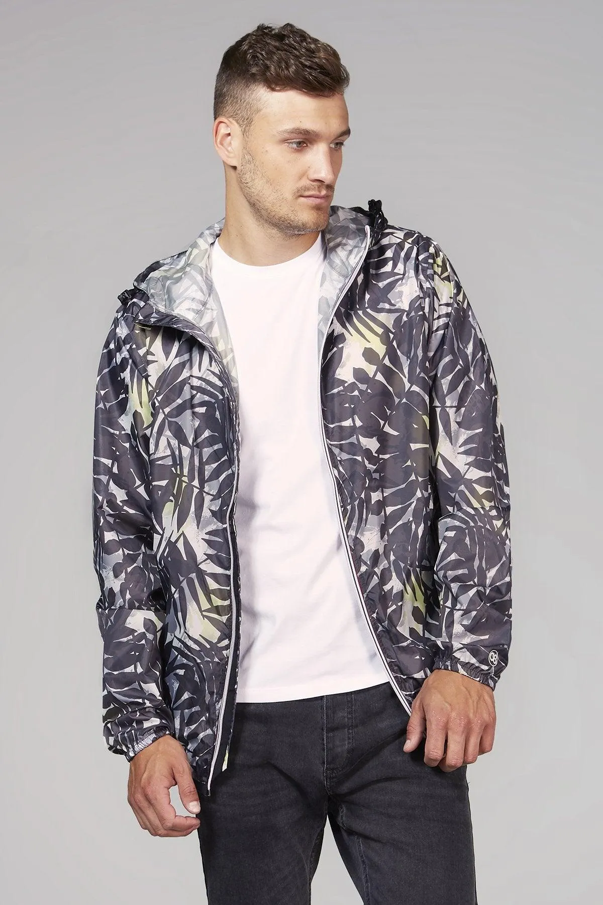 Palm print full zip packable rain jacket and windbreaker