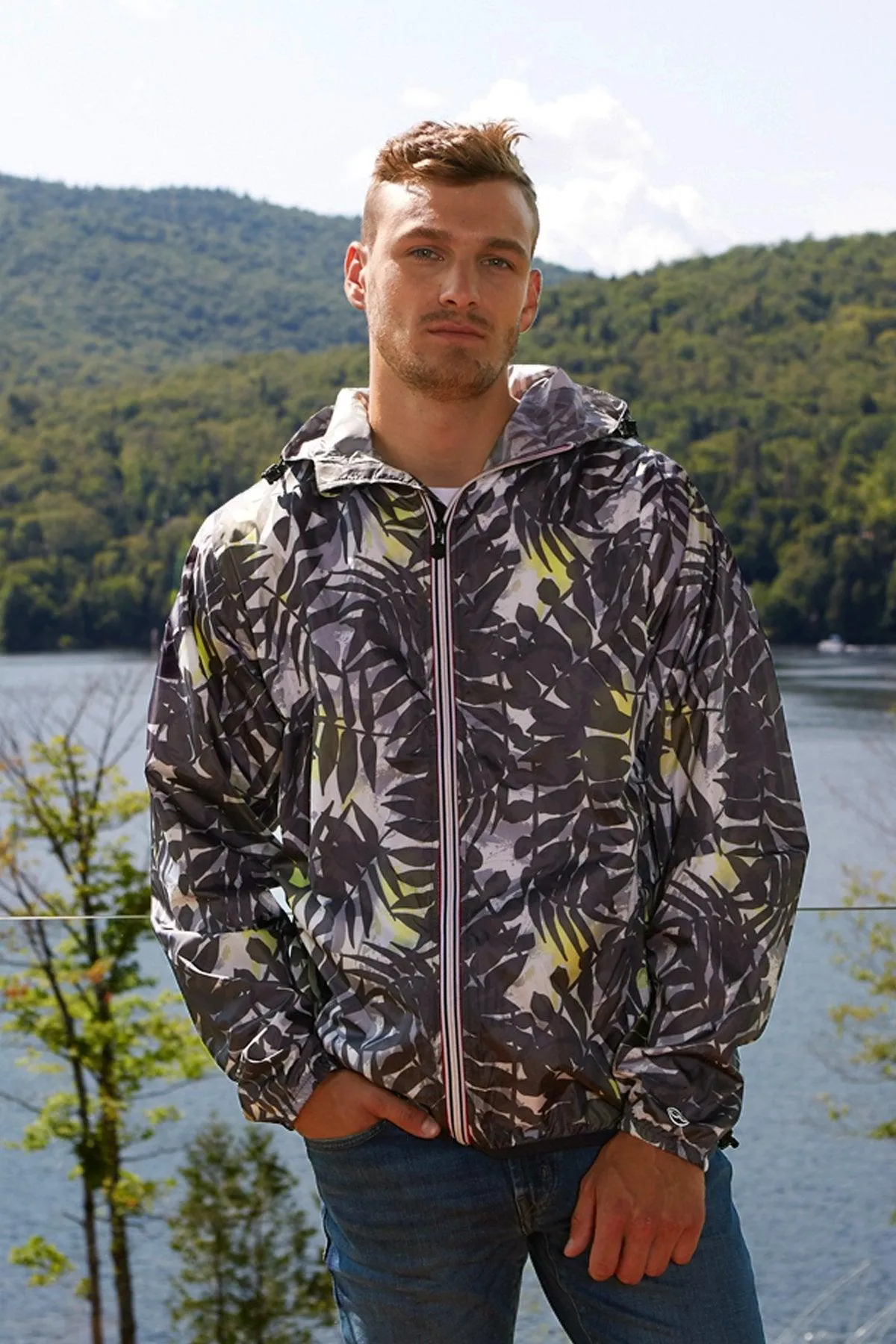 Palm print full zip packable rain jacket and windbreaker