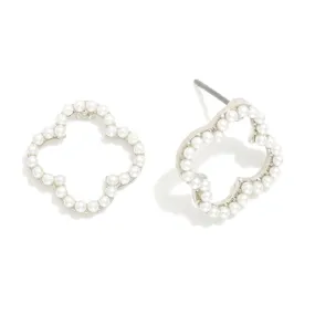 Pearl Studded Hollow Clover Stud Earrings - Silver