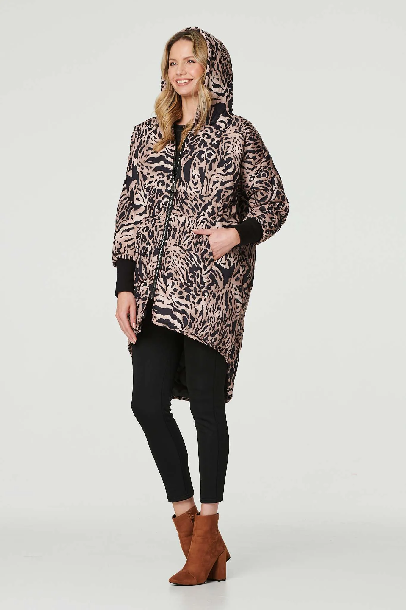 Printed Zip Front High Low Coat