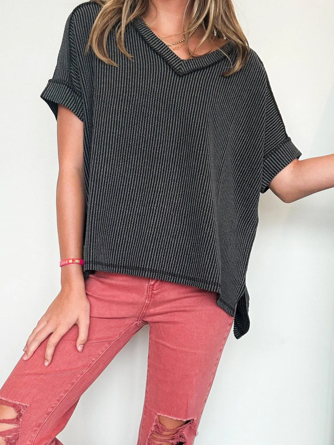 Ribbed Knit Casual Top- Charcoal