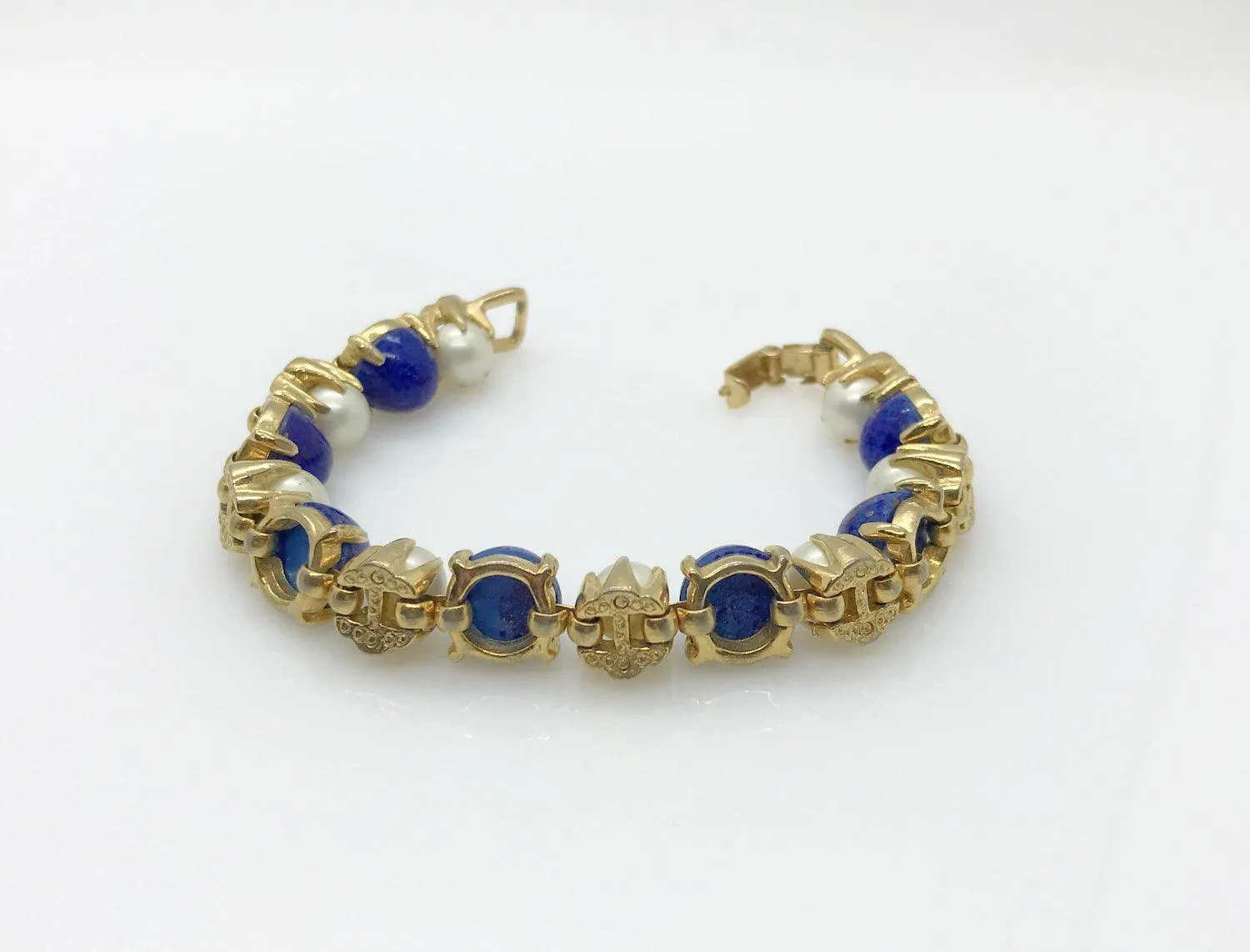 Rich Faux Lapis and Pearl Vintage Bracelet