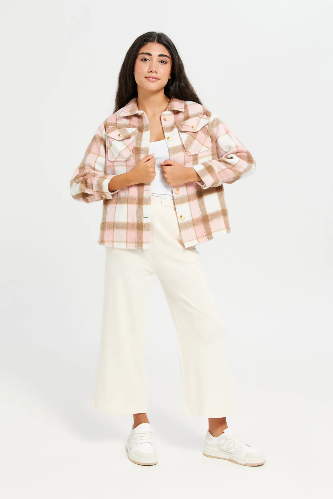 Senior Girls Pink Checkered Shacket