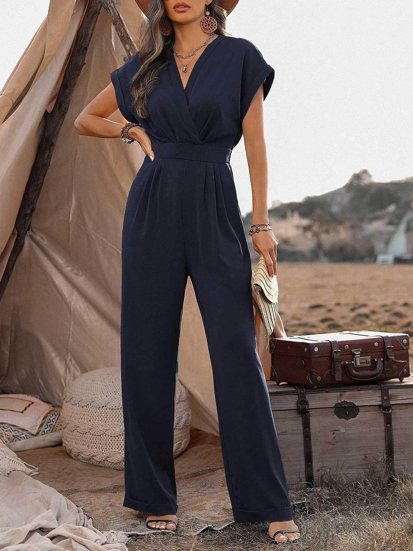 SHEIN LUNE Women Fashionable V-Neck Solid Color Jumpsuit With Waist Belt And Wide-Leg Pants