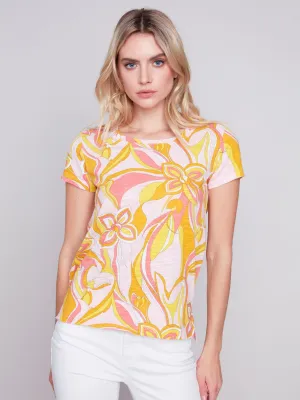 SHORT SLEEVE PRINTED COTTON KNIT TOP