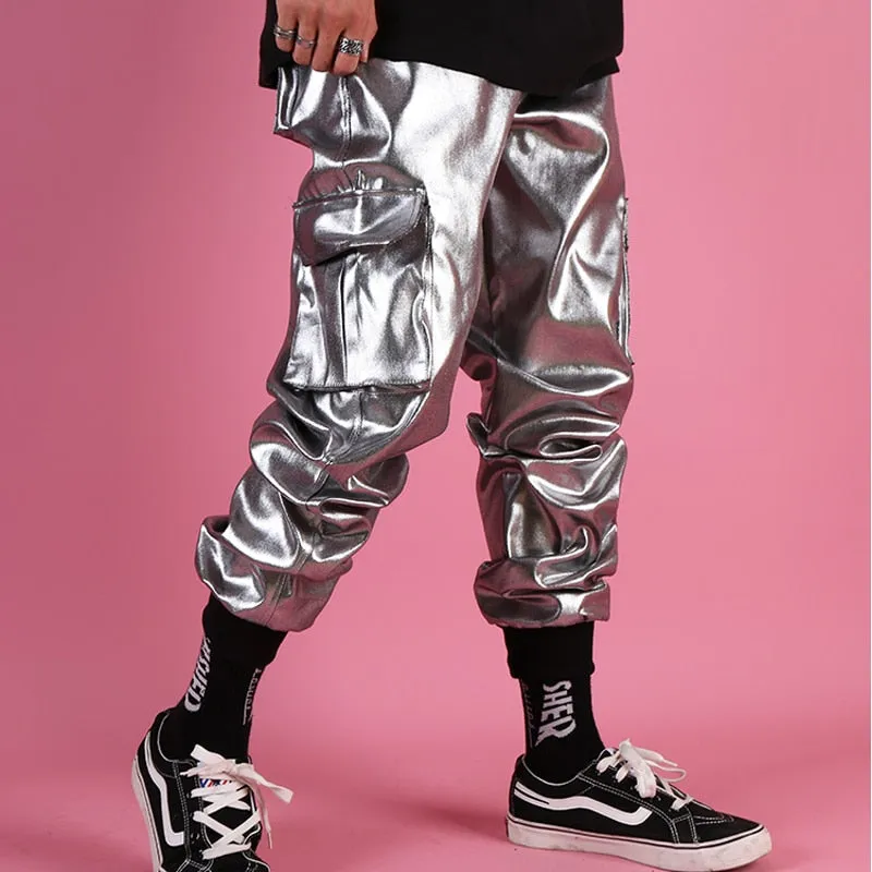 Silver Faux Leather Cargo Casual Style Men Pants