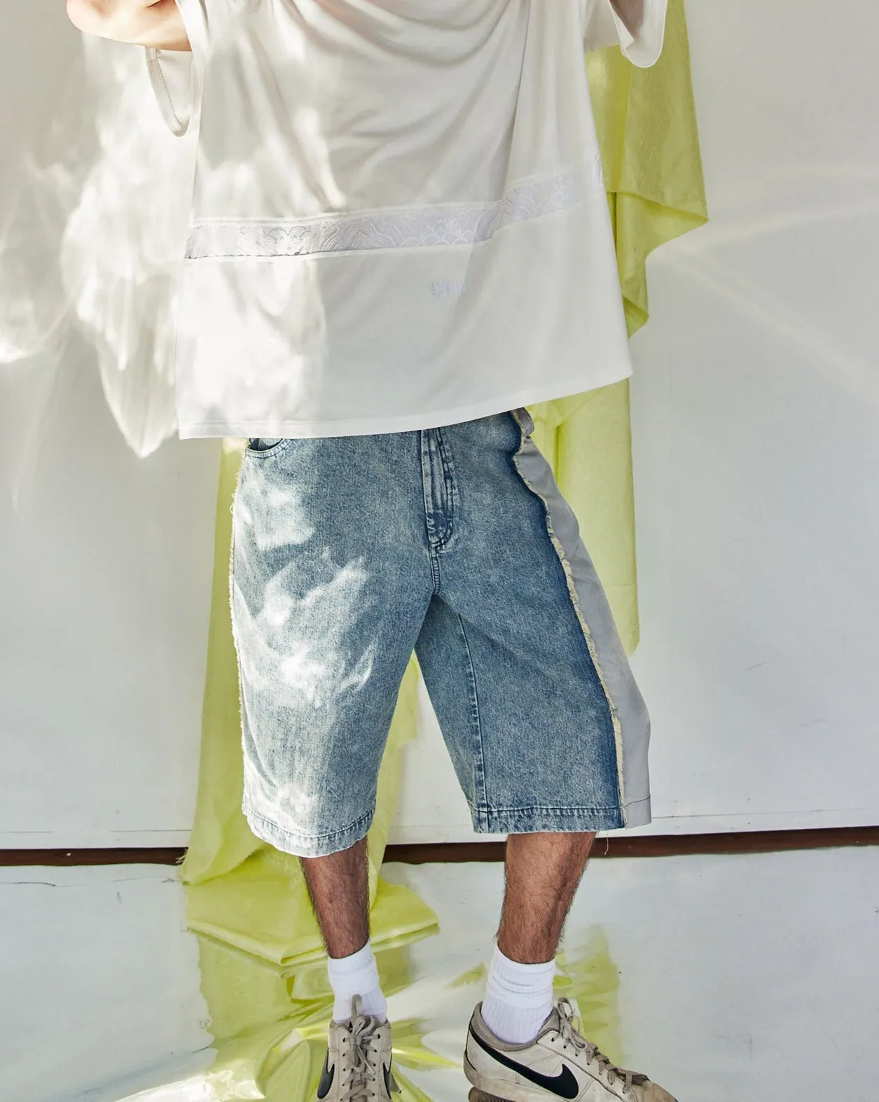 Silver / Lime Green Ye Cargo Denim Shorts