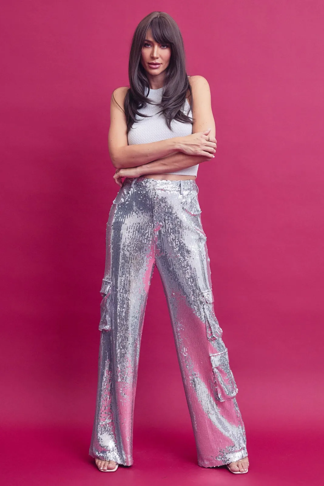 Silver Sequin Cargo Pants With Pockets