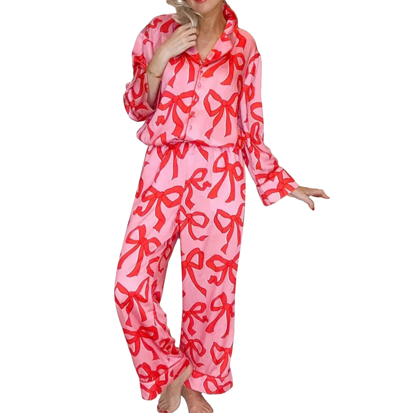 Sleeve Lapel Button Up Cute Pants Sleepwear Loungewear Long Pajamas