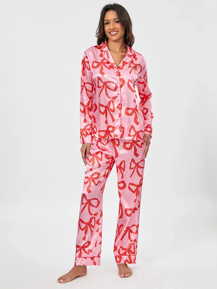 Sleeve Lapel Button Up Cute Pants Sleepwear Loungewear Long Pajamas