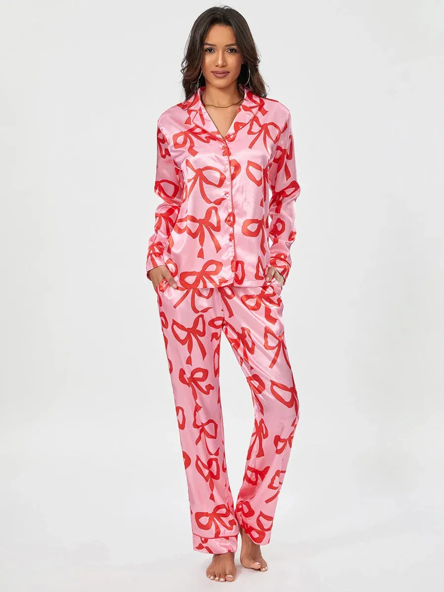 Sleeve Lapel Button Up Cute Pants Sleepwear Loungewear Long Pajamas