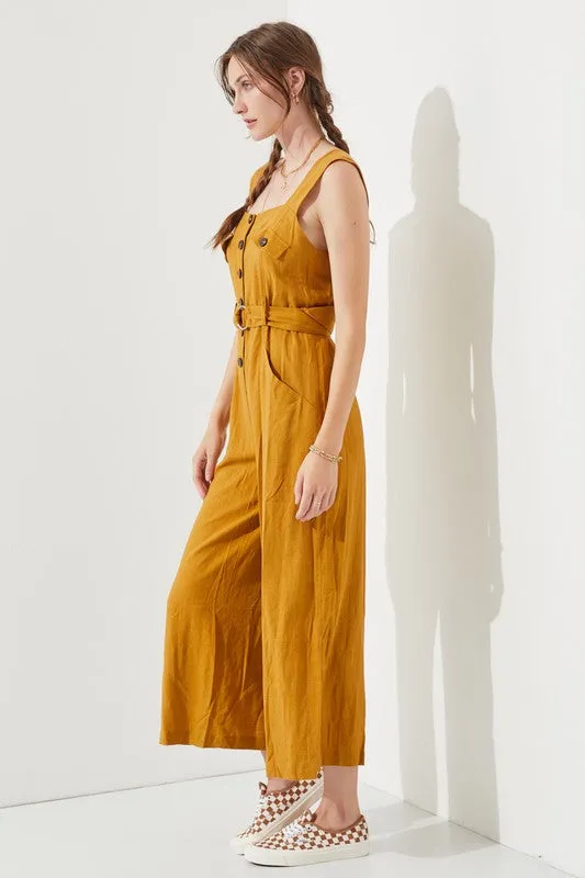 SLEEVELESS SQUARE NECK BUTTON DOWN ANKLE JUMPSUIT