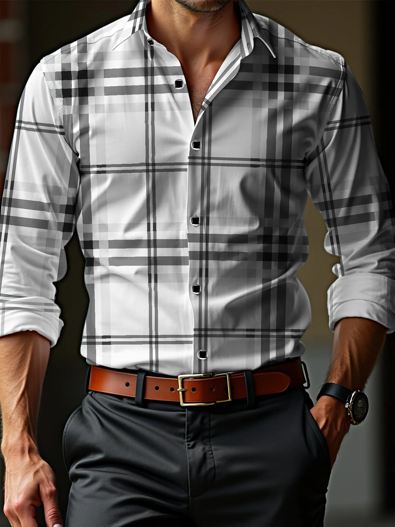 Slim Fit Plaid Button-Down Shirt with Hexagon Buttons and Silver Edging, Men's Preppy Casual Style