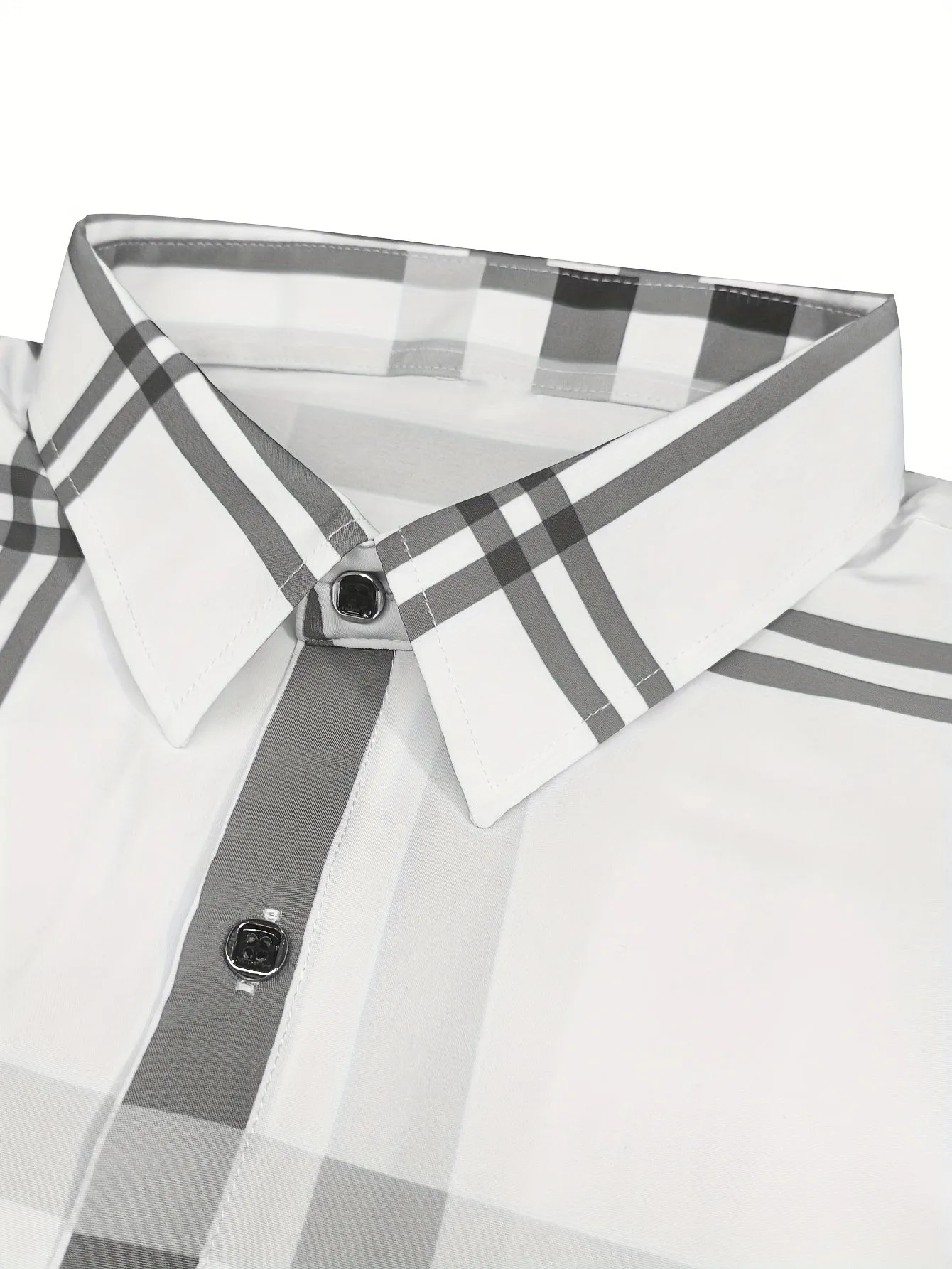 Slim Fit Plaid Button-Down Shirt with Hexagon Buttons and Silver Edging, Men's Preppy Casual Style