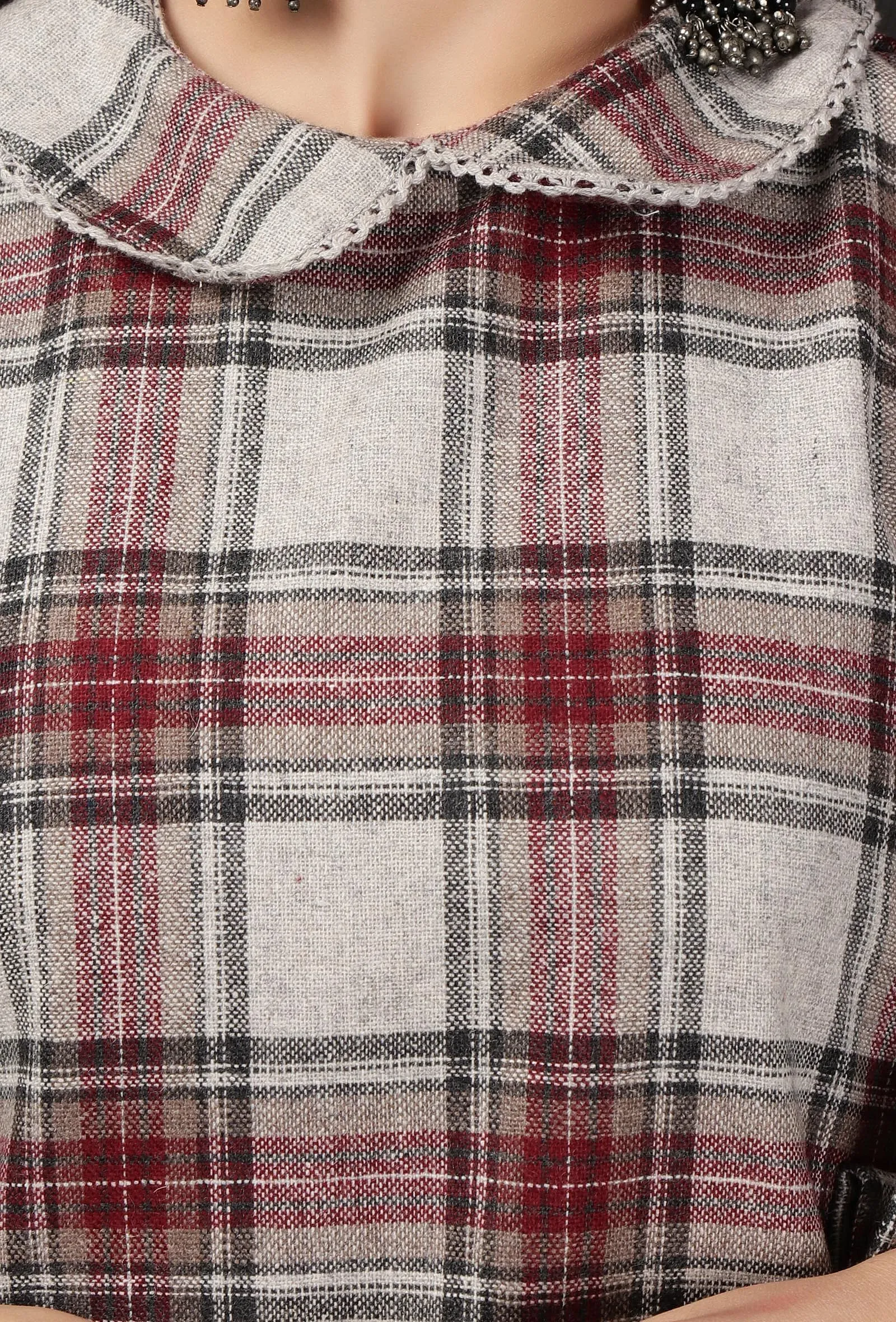 Smoke Grey Woven Tartan Checks Phiran Kurta With Pockets