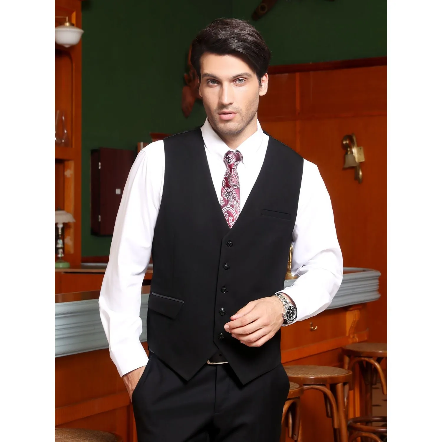 Solid Slim Suit Vest - A1-BLACK