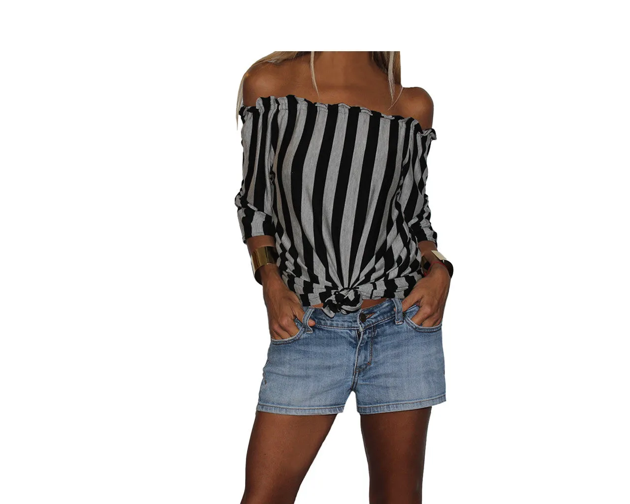 Stripe Black & Heather Gray Off -Shoulder Top - The Ibiza