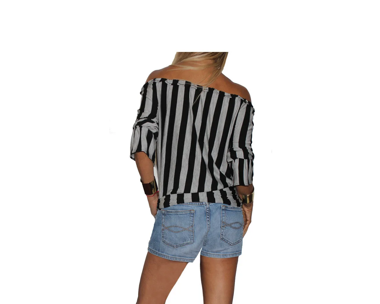 Stripe Black & Heather Gray Off -Shoulder Top - The Ibiza