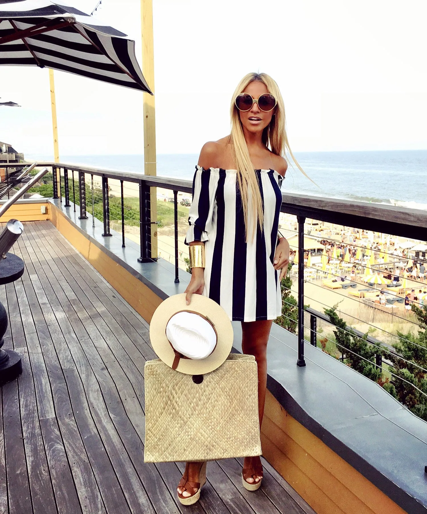 Stripe Black & Heather Gray Off -Shoulder Top - The Ibiza