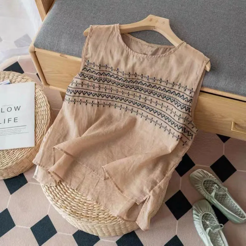 Summer Embroidered Loose Linen Vest